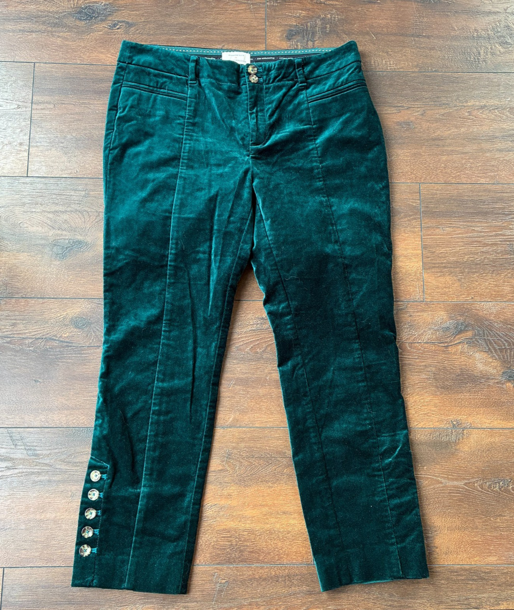 By Anthropologie The Essential Slim Green Velvet Pants Women Whimsigoth, Size 8